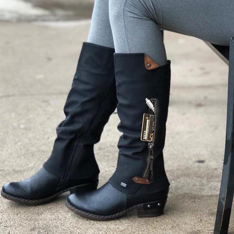 Women Studded Chunky Heel Round Toe Stitching Zipper Pocket Mid Calf Boots