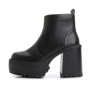 Women's black thick platform booties chunky square high heel ankle boots with zipper
