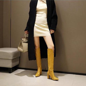 Women fashion v cut snakeskin chunky high heel knee high boots