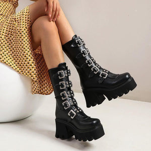 Women mid calf buckle strap chunky platform motorcycle boots