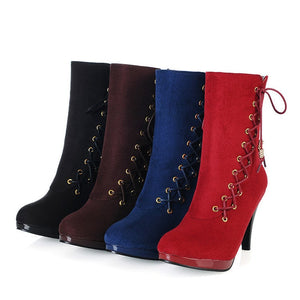 Women platform stiletto high heel side lace up zipper heeled booties