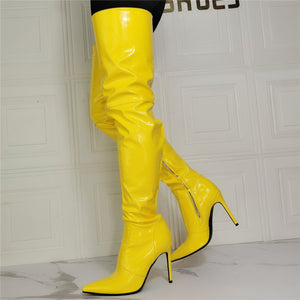 Women sexy yellow stiletto heel pointed toe thigh high boots
