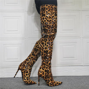 Women thigh stiletto high heel pointed toe leopard print boots