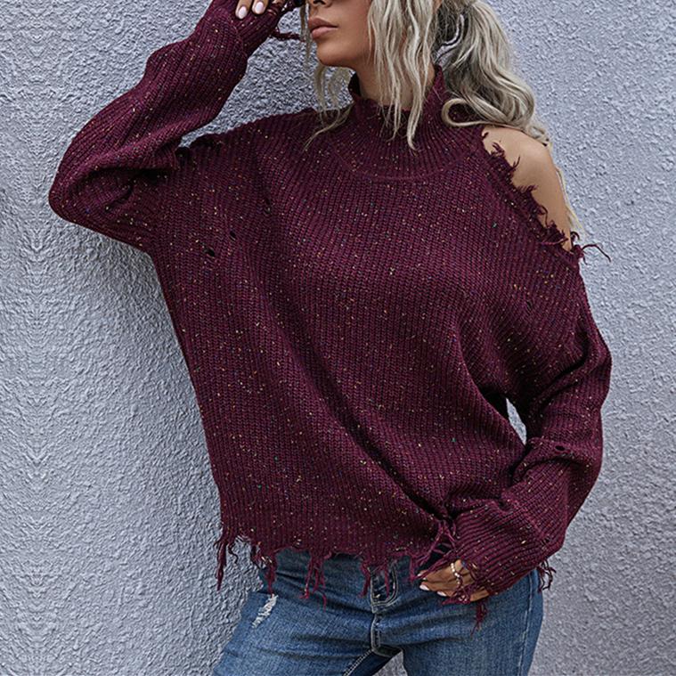 Women one shoulder ripped long sleeve pullover turtleneck sweater