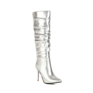 Women knee high boots elegant sequin stiletto high heel pointed toe slouch boots