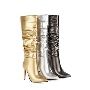 Women knee high boots elegant sequin stiletto high heel pointed toe slouch boots