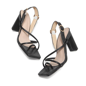 Women strappy square toe buckle ankle strap chunky heel sandals