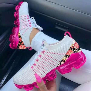 Women's fashion fly knit air cushion sneakers | flower print cute running shoes