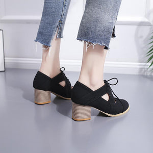 Women pointed toe summer lace up vintage chunky sandals