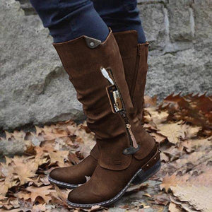 Women Studded Chunky Heel Round Toe Stitching Zipper Pocket Mid Calf Boots