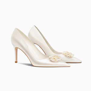 Women pointed toe rhinestone flower stiletto white party wedding heels