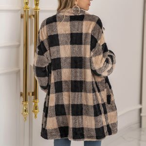 Women winter fall long sleeve color block plaid cardigan