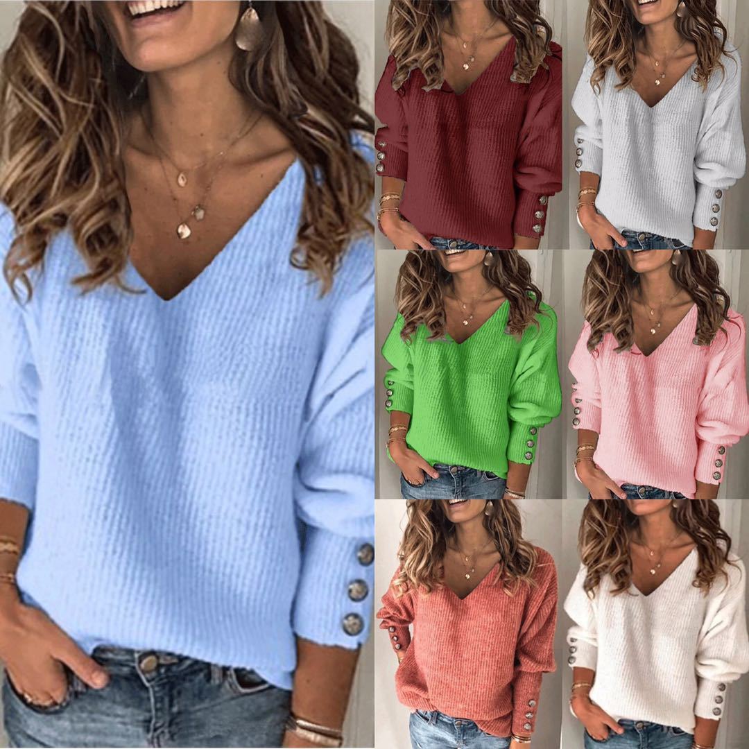 Women fashion knit long sleeve pullover v neck sweater