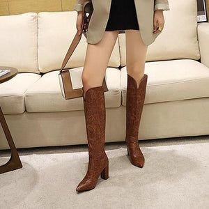 Women fashion v cut snakeskin chunky high heel knee high boots