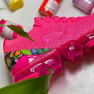 Women's fashion fly knit air cushion sneakers | flower print cute running shoes