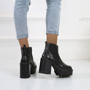 Women's black thick platform booties chunky square high heel ankle boots with zipper