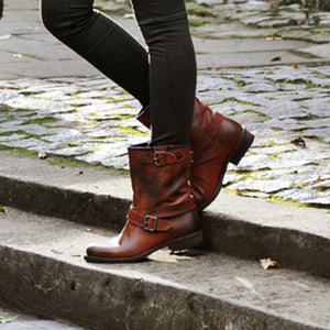 Women's vintage motorcycle boots buckle strap low heel short boots