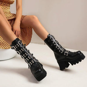 Women mid calf buckle strap chunky platform motorcycle boots