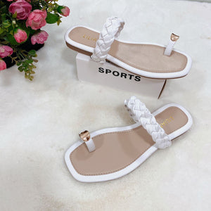Women ring toe woven strap flat slide summer beach sandals