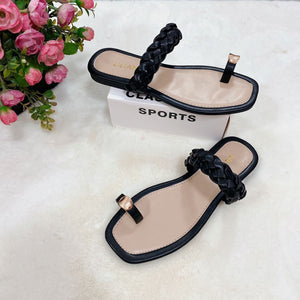 Women ring toe woven strap flat slide summer beach sandals