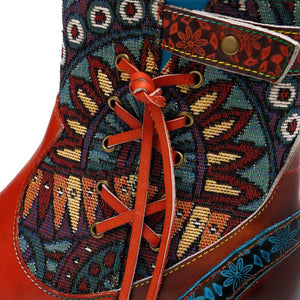 Women flower patchwork criss cross lace zipper low heel booties