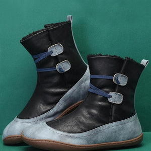 Women Retro Winter Fall Elastic Round Toe Lining Cotton Comfort Flat Boots
