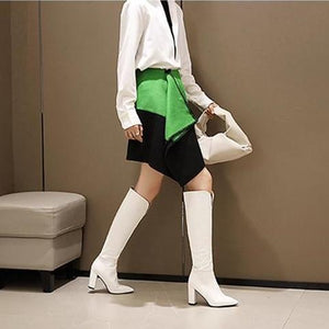 Women fashion v cut snakeskin chunky high heel knee high boots