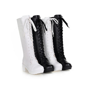 Women chunky platform criss cross lace up knee high boots