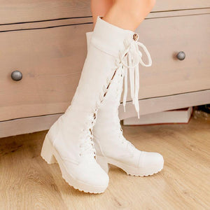 Women chunky platform criss cross lace up knee high boots