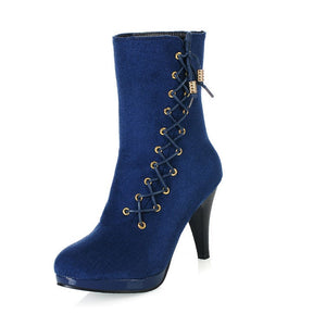 Women platform stiletto high heel side lace up zipper heeled booties