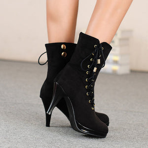 Women platform stiletto high heel side lace up zipper heeled booties