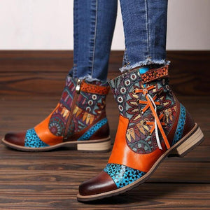 Women flower patchwork criss cross lace zipper low heel booties