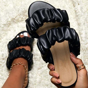 Women ruffle two strap summer flat slide sandals