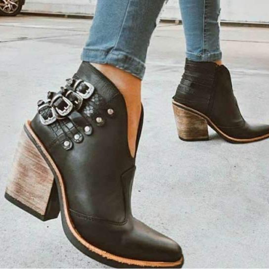 Women's V shape block heel ankle boots vintage buckle strap booties