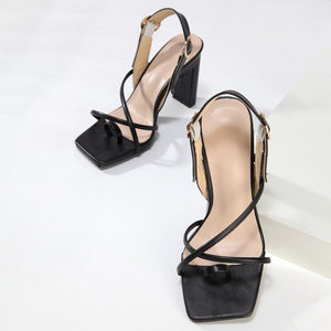 Women strappy square toe buckle ankle strap chunky heel sandals