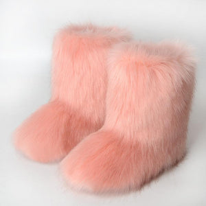 Women faux fur winter mid calf flat snow boots