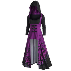 Women hoodie cape bat printed swing buckle strap maxi dresses