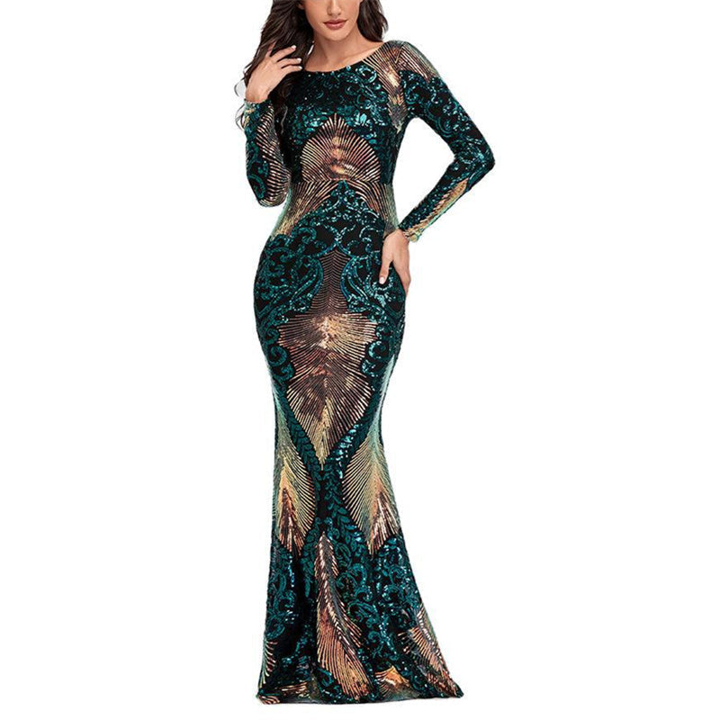 Sexy backless premium sequins mermaid long dress | Long sleeves banquet cocktail party dress evening gowns