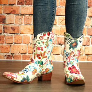 Women embroidered flowers chunky heel slip on short boots