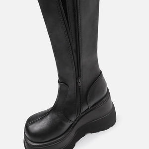 Women chunky platform motorcycle mid calf black boots