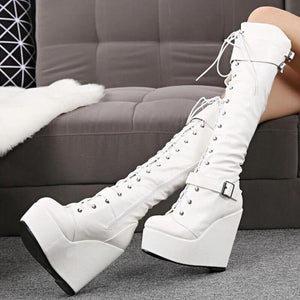 Women platform boots | Wedge heel buckle strap lace up knee high boots
