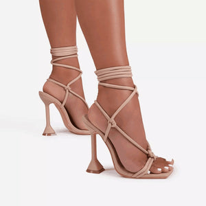 Women square peep toe chunky criss cross strappy lace up heels