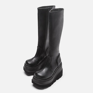 Women chunky platform motorcycle mid calf black boots