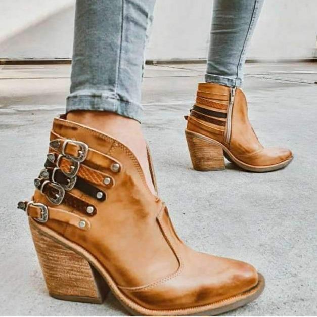 Women's V shape block heel ankle boots vintage buckle strap booties