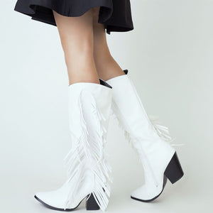 Women's fashion tassels mid calf boots pointed toe fringe boots