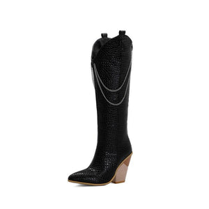 Women chain d¨¦cor chunky high heel pointed knee high boots