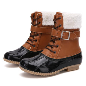 Women highcut plush buckle strap lace up duck boots