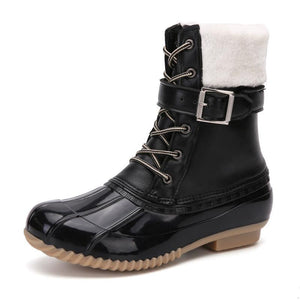 Women highcut plush buckle strap lace up duck boots