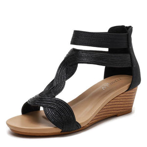 Women's boho T-strap buckle strap peep toe sandals with back zipper