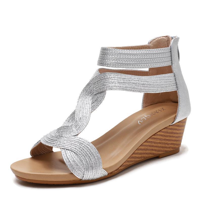 Women's boho T-strap buckle strap peep toe sandals with back zipper